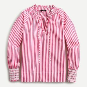 JCrew Smocked-Cuff Popover top in pink stripe